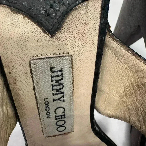 Jimmy Choo Ulrika Black Leather Snakeskin Wood Sandals High Heel Size EU 38 US 8 - Picture 6 of 12